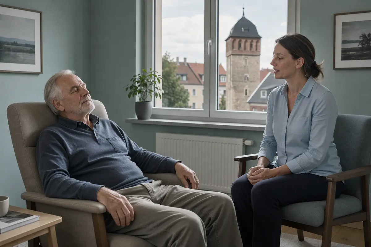 Hypnose in Chemnitz: älterer Mann entspannt mit geschlossenen Augen, die Therapeutin spricht ruhig, im Fenster die Dächer des Kaßbergs