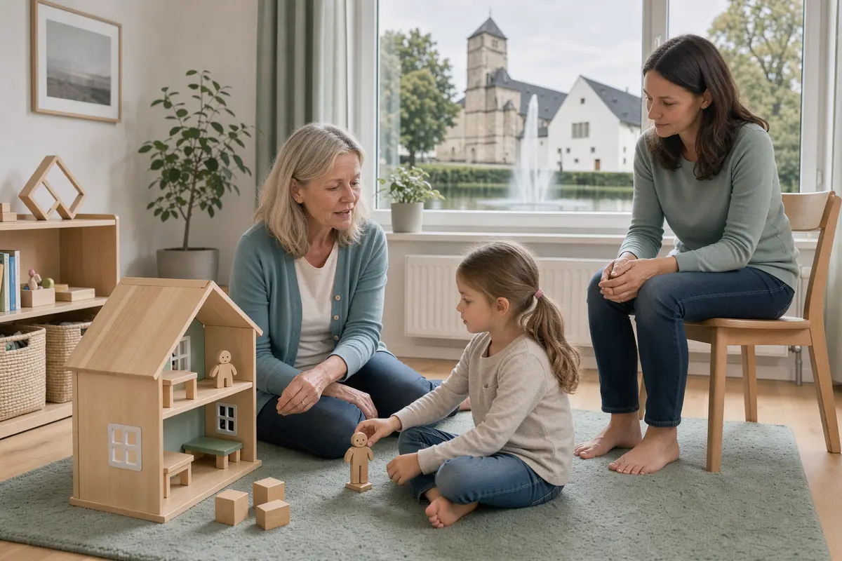 Kinderpsychologe in Chemnitz: Therapeutin spielt mit einem Mädchen am Puppenhaus, die Mutter sitzt dabei, im Fenster der Schloßteich