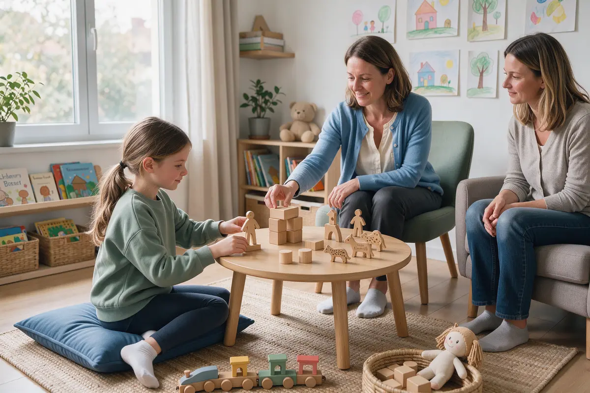 Kinderpsychologe in Sachsen: Therapeutin spielt mit einem Mädchen mit Holzfiguren, die Mutter sitzt dabei