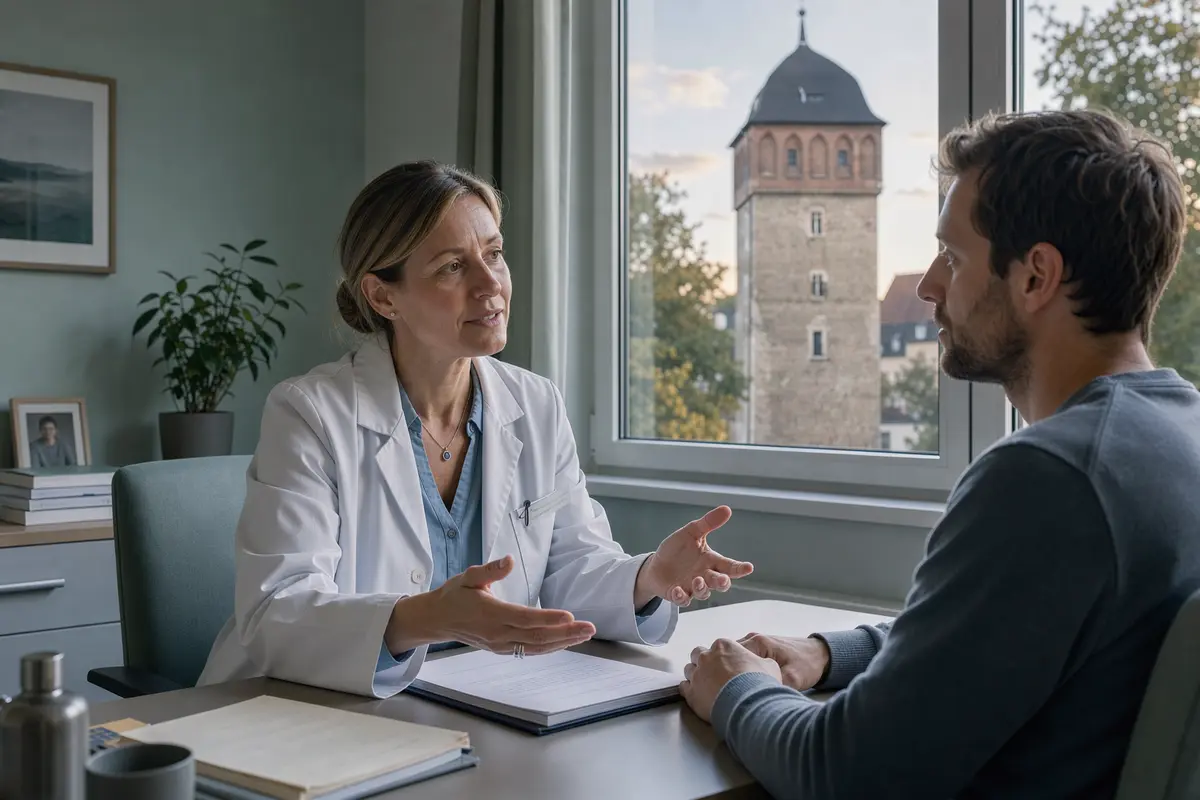 Psychiater in Chemnitz: Fachärztin für Psychiatrie im Gespräch mit einem Patienten, im Fenster der Rote Turm