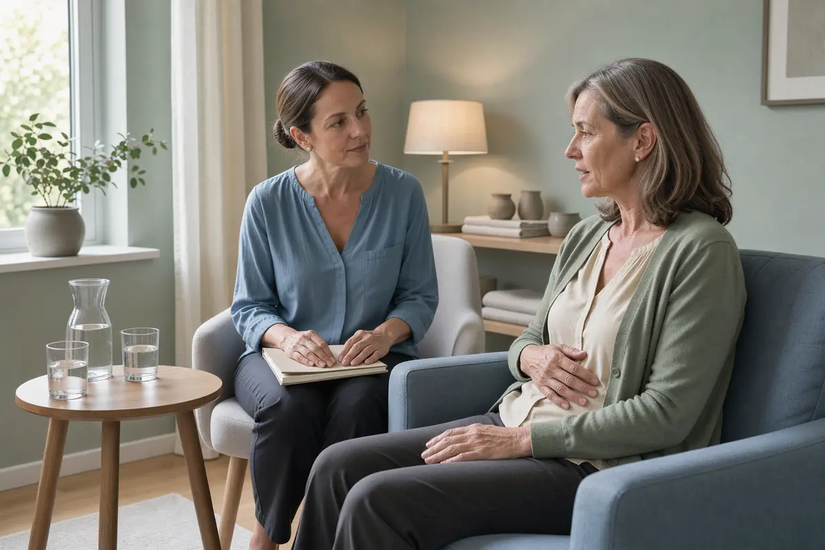 Psychosomatiker in Sachsen: Ärztin für Psychosomatische Medizin hört einer Patientin zu, die ihre Beschwerden beschreibt