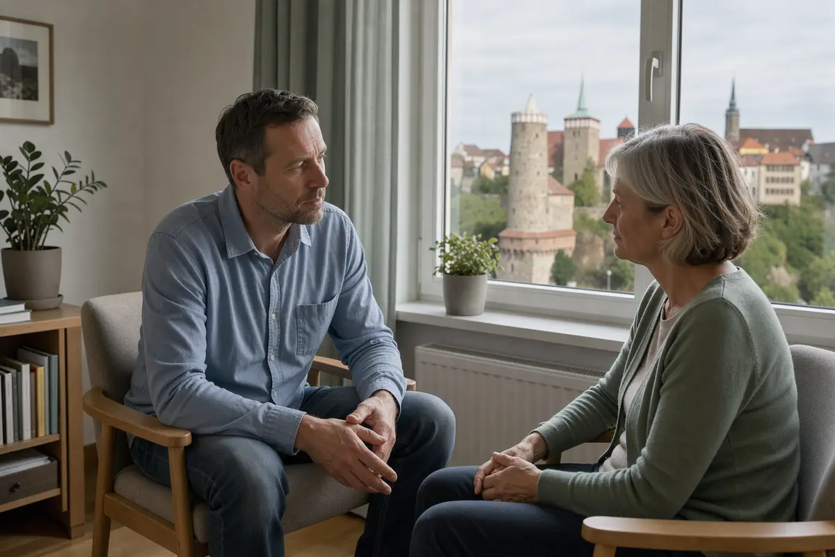 Psychotherapie in Bautzen: Therapeut und Klientin im Gespräch, im Hintergrund die Alte Wasserkunst und die Michaeliskirche