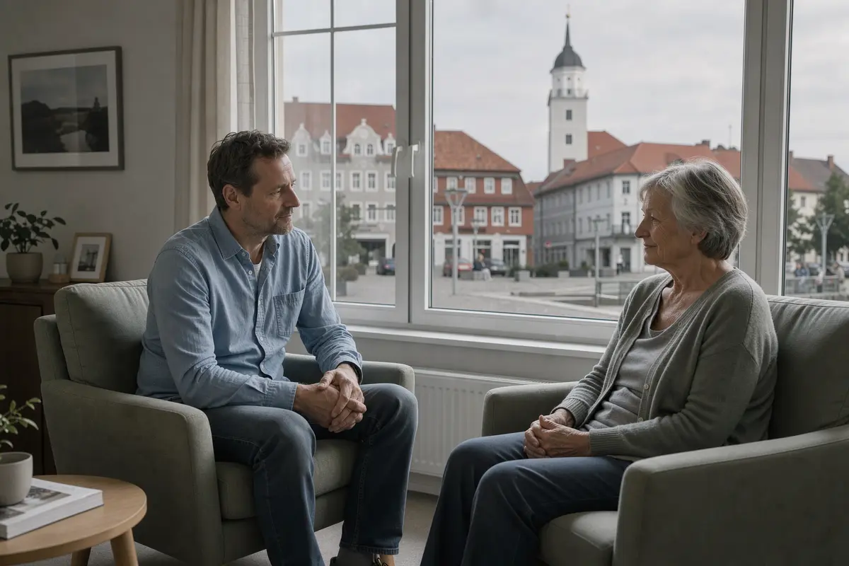 Psychotherapie in Bischofswerda: Therapeut und ältere Klientin im Gespräch, im Hintergrund der Altmarkt mit Rathaus und Christuskirche