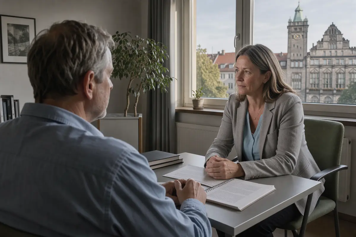 Psychotherapie in Chemnitz: Therapeutin und Klient im Gespräch am Tisch, im Hintergrund das Neue Rathaus