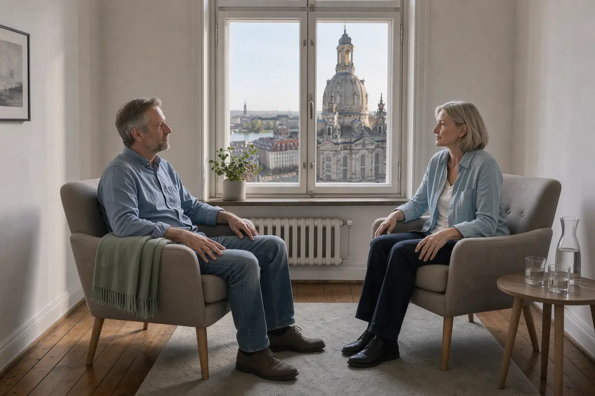 Psychotherapie in Dresden: Therapeutin und Klient im Gespräch in einem hellen Altbauzimmer, im Hintergrund die Frauenkirche und die Elbe