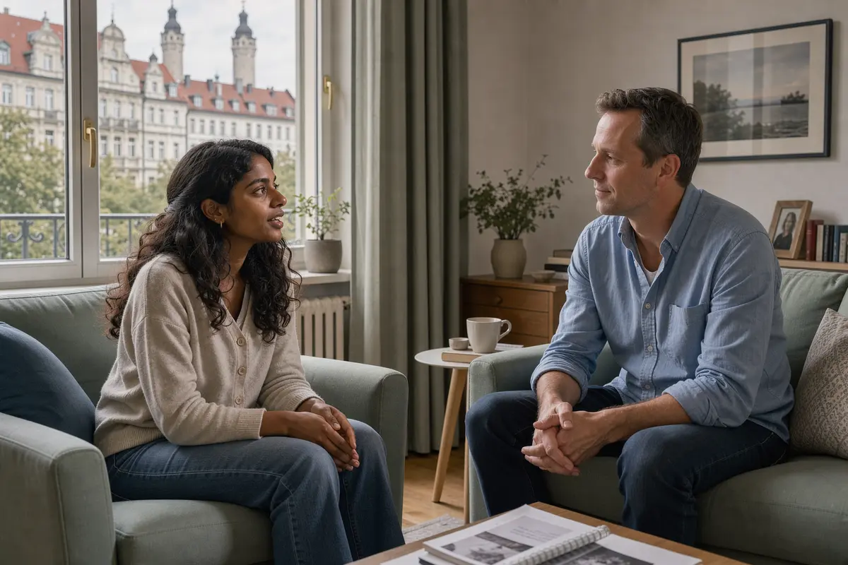 Psychotherapie auf Englisch in Leipzig: Therapeut im Gespräch mit einer internationalen Klientin, im Fenster Leipziger Altbaufassaden