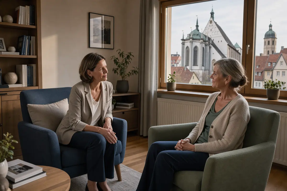Psychotherapie in Freiberg: Therapeutin und Klientin im Gespräch, im Hintergrund der Freiberger Dom