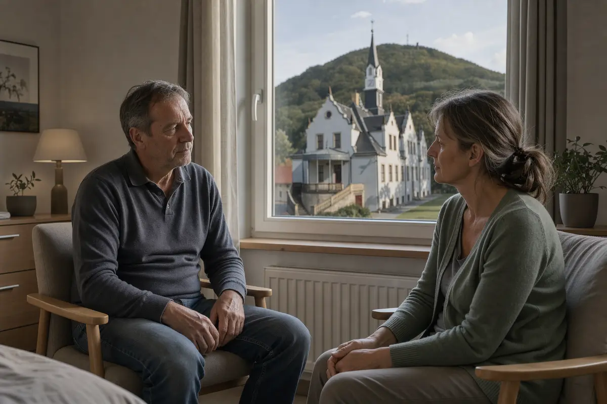 Psychotherapie in Freital: Therapeut und Klientin im Gespräch, im Hintergrund Schloss Burgk und der Windberg