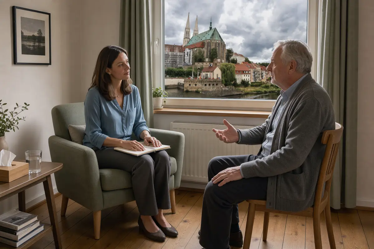 Psychotherapie in Görlitz: Therapeutin und älterer Klient im Gespräch, im Hintergrund die Peterskirche über der Neiße