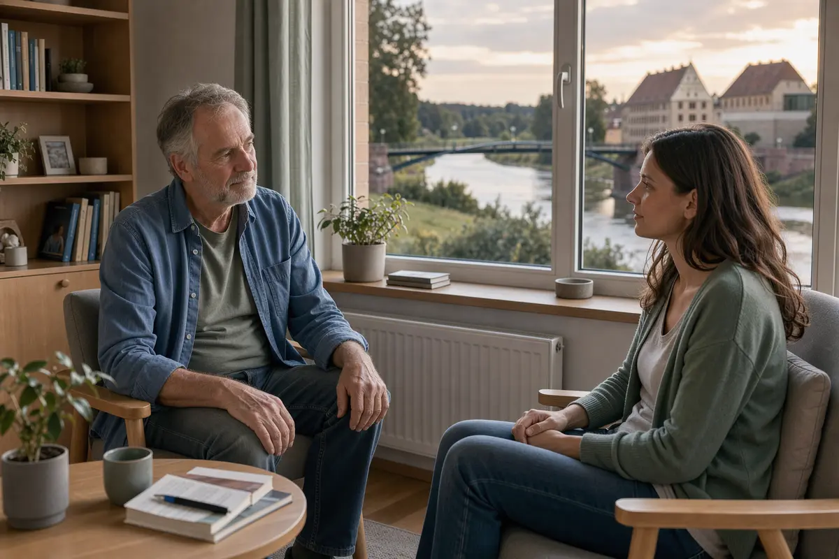 Psychotherapie in Grimma: Therapeut und junge Klientin im Gespräch, im Hintergrund die Pöppelmannbrücke und das Schloss an der Mulde