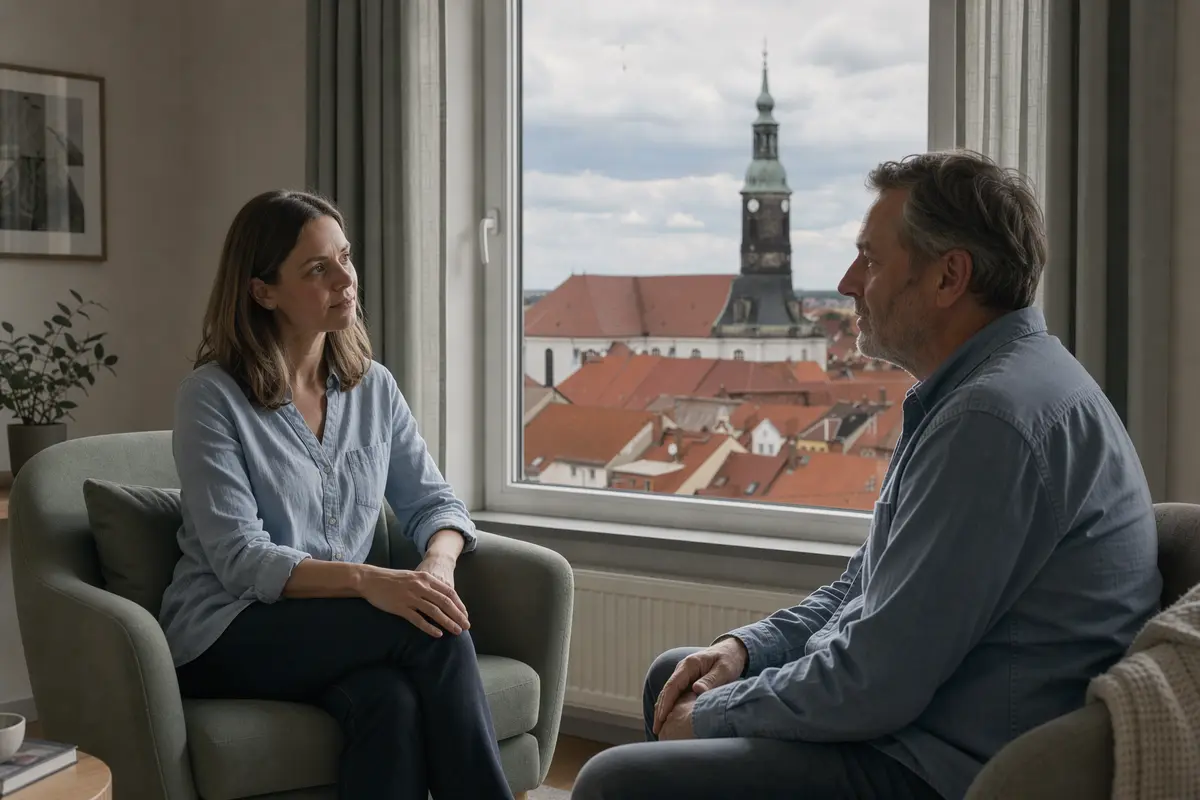 Psychotherapie in Großenhain: Therapeutin und Klient im Gespräch, im Hintergrund die Marienkirche