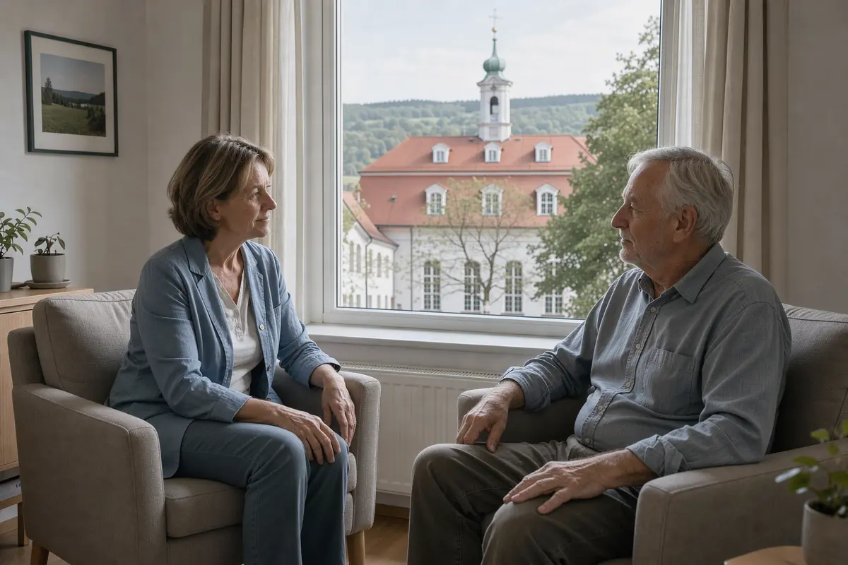 Psychotherapie in Herrnhut: Therapeutin und älterer Klient im Gespräch, im Hintergrund der Kirchensaal der Brüdergemeine