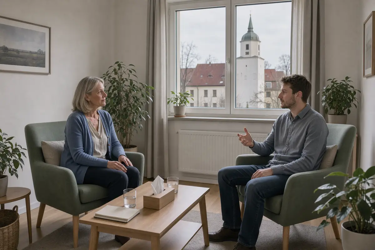 Psychotherapie in Hoyerswerda: Therapeutin und junger Klient im Gespräch, im Hintergrund das Schloss und die Johanneskirche