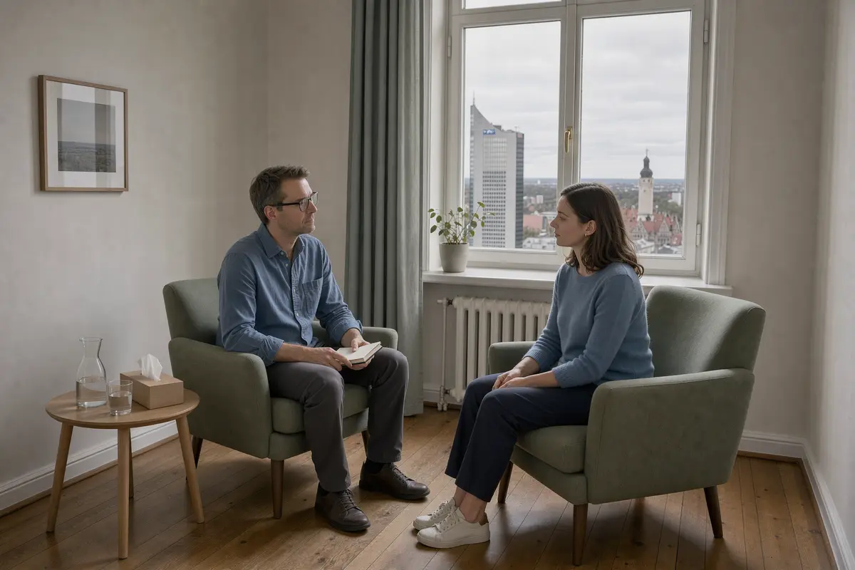 Psychotherapie in Leipzig: Therapeut und Klientin im Gespräch in einem Gründerzeit-Altbau, im Hintergrund das City-Hochhaus und der Turm des Neuen Rathauses