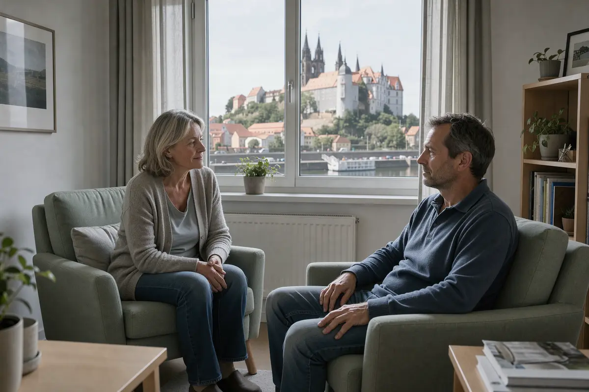 Psychotherapie in Meißen: Therapeutin und Klient im Gespräch, im Hintergrund die Albrechtsburg und der Dom