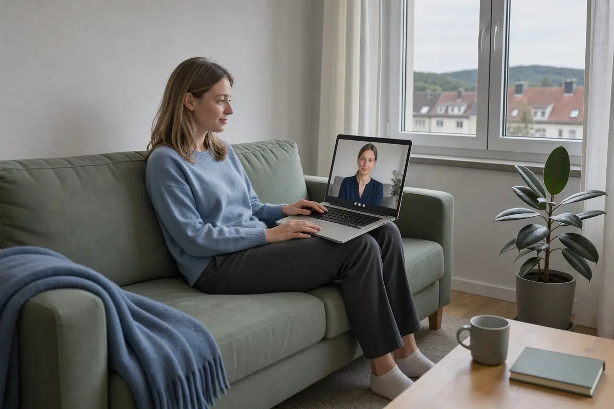 Psychotherapie online in Chemnitz: junge Frau in einer Videosprechstunde auf dem Sofa, im Fenster die Dächer von Chemnitz