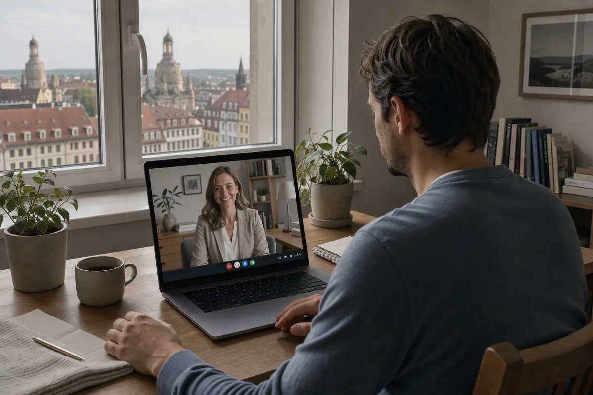 Psychotherapie online in Dresden: Mann in einer Videosprechstunde am Laptop, im Fenster die Dächer der Neustadt und die Frauenkirche