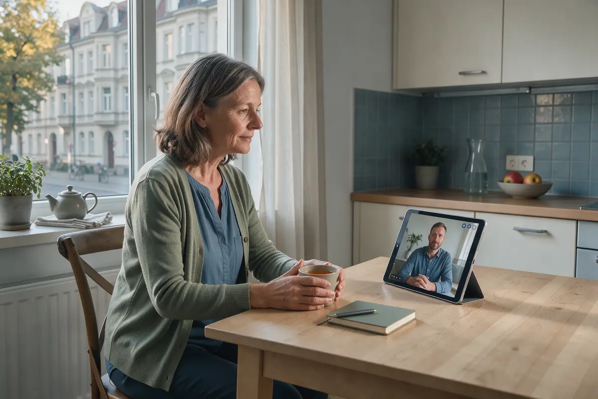 Psychotherapie online in Leipzig: Frau in einer Videosprechstunde am Küchentisch, im Fenster eine Leipziger Gründerzeitstraße