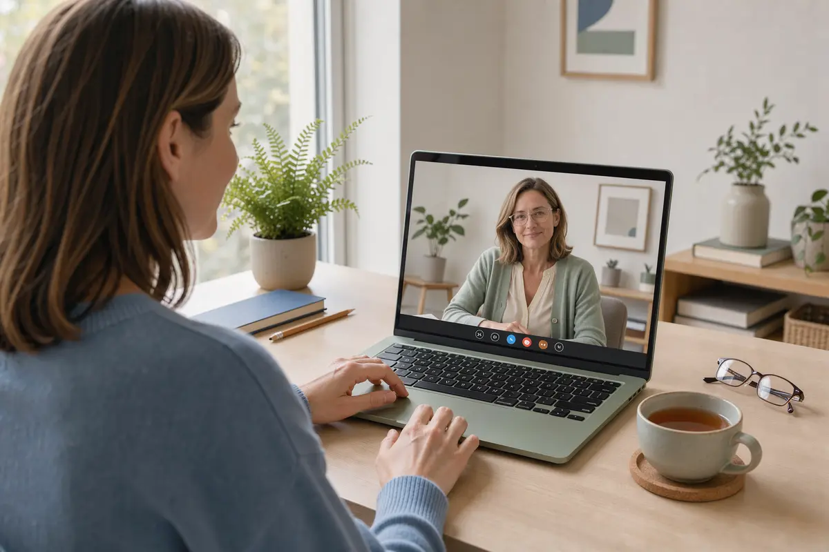 Psychotherapie online: Frau in einer Videosprechstunde mit ihrer Therapeutin am Laptop