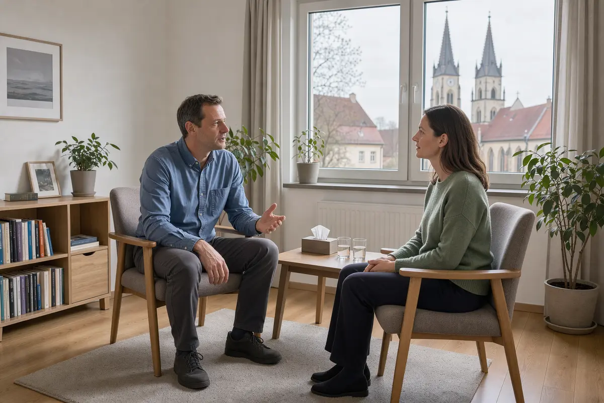 Psychotherapie in Oschatz: Therapeut und Klientin im Gespräch, im Hintergrund die Türme von St. Aegidien