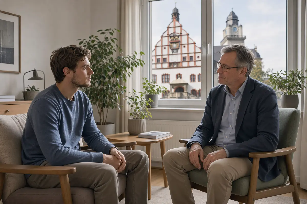 Psychotherapie in Plauen: Therapeut und junger Klient im Gespräch, im Hintergrund das Alte Rathaus