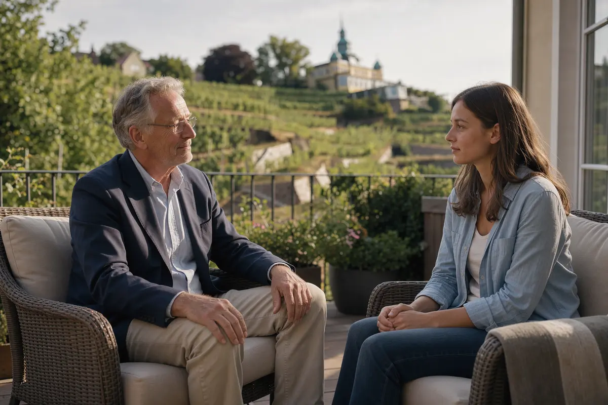 Psychotherapie in Radebeul: Therapeut und Klientin im Gespräch auf einer Terrasse, im Hintergrund die Weinberge mit dem Spitzhaus