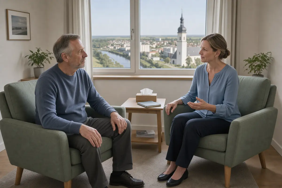 Psychotherapie in Riesa: Therapeutin und Klient im Gespräch, im Hintergrund die Elbe mit Elbbrücke und Klosterkirche