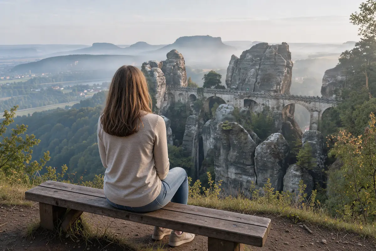 Psychotherapie in Sachsen: Frau auf einer Bank mit Blick auf die Basteibrücke und das Elbtal in der Sächsischen Schweiz