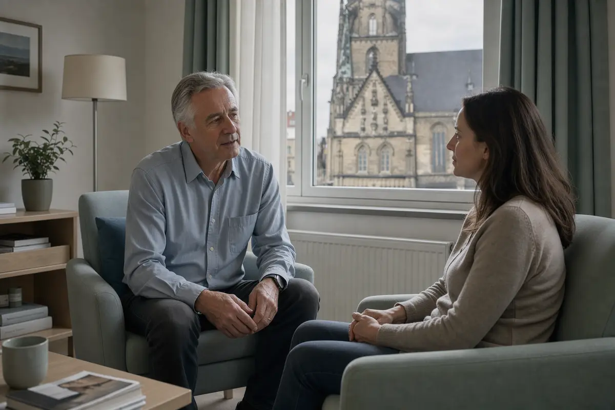 Psychotherapie in Zwickau: Therapeut und Klientin im Gespräch, im Hintergrund der Dom St. Marien