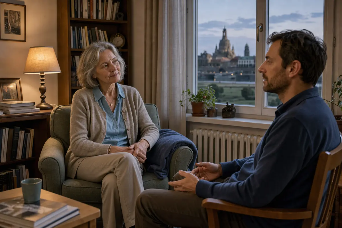 Tiefenpsychologie in Dresden: Therapeutin hört einem Klienten zu, im Fenster die Silhouette der Altstadt mit der Frauenkirche