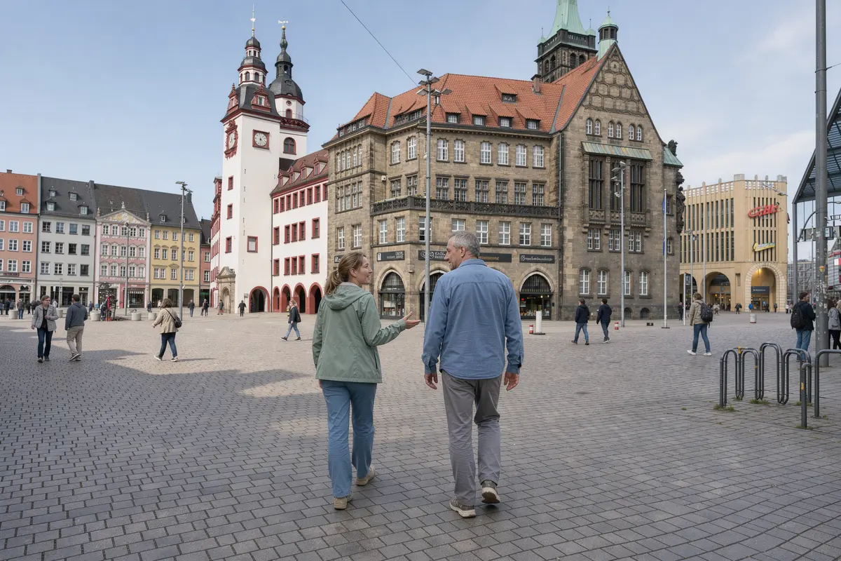 Verhaltenstherapie in Chemnitz: Therapeutin begleitet einen Klienten bei einer Übung auf dem Markt, im Hintergrund Altes und Neues Rathaus