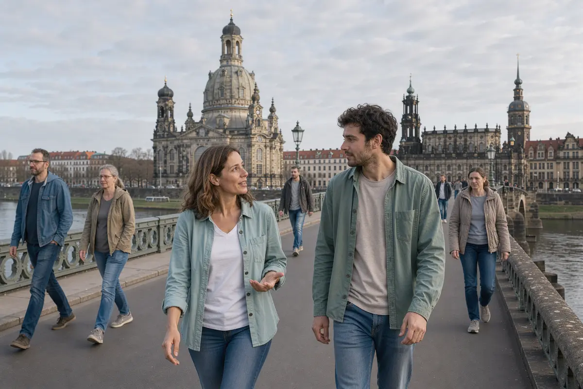 Verhaltenstherapie in Dresden: Therapeutin begleitet einen Klienten bei einer Übung über die Augustusbrücke, im Hintergrund die Frauenkirche