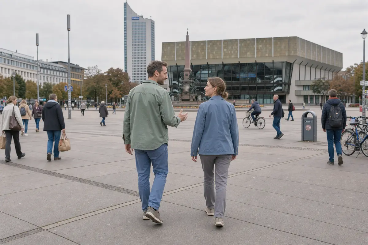 Verhaltenstherapie in Leipzig: Therapeut begleitet eine Klientin bei einer Übung auf dem Augustusplatz, im Hintergrund Gewandhaus und City-Hochhaus